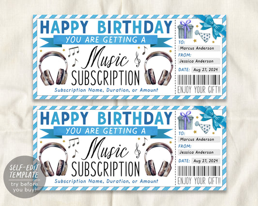 Birthday Music Subscription Gift Card Editable Template