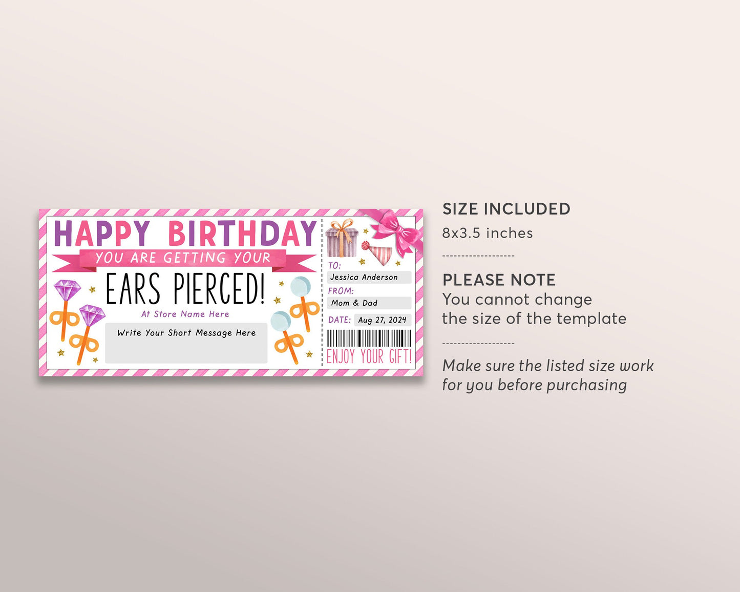 Ear Piercing Gift Voucher Editable Template, Birthday Surprise Gift Certificate First Piercing, Pierce Earring Coupon Teen Tween Printable