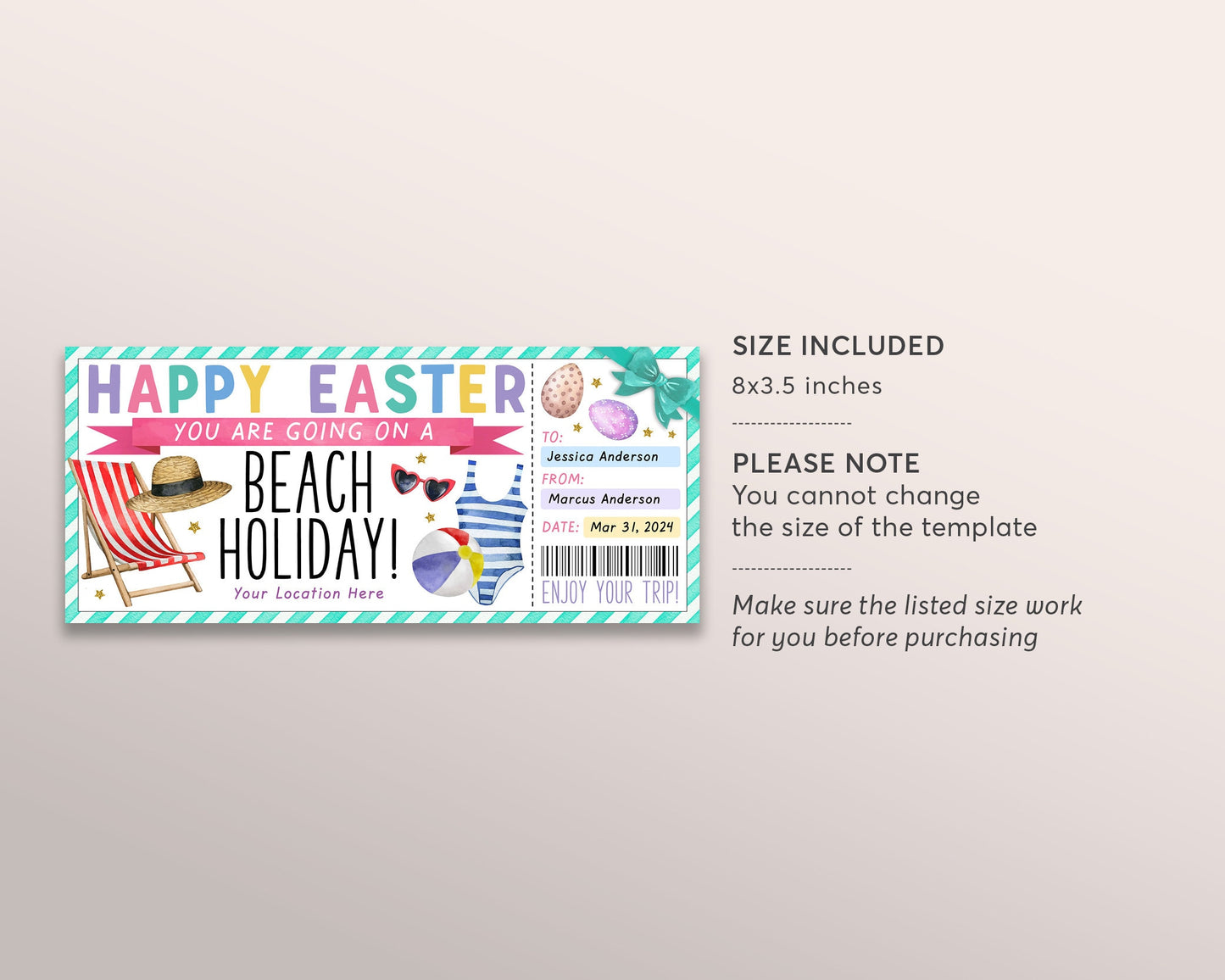 Easter Tropical Beach Vacation Ticket Editable Template, Spring Travel Weekend Getaway Gift Certificate For Kids, Holiday Resort Voucher