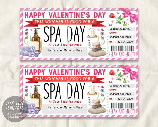 Valentines Day Spa Day Gift Voucher Ticket Editable Template