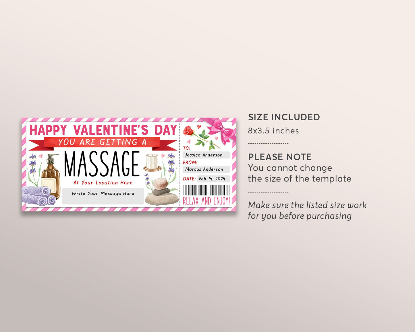 Valentines Day Massage Gift Certificate Ticket Editable Template, Anniversary Surprise Salon Spa Day Treatment Gift Voucher Coupon For Her