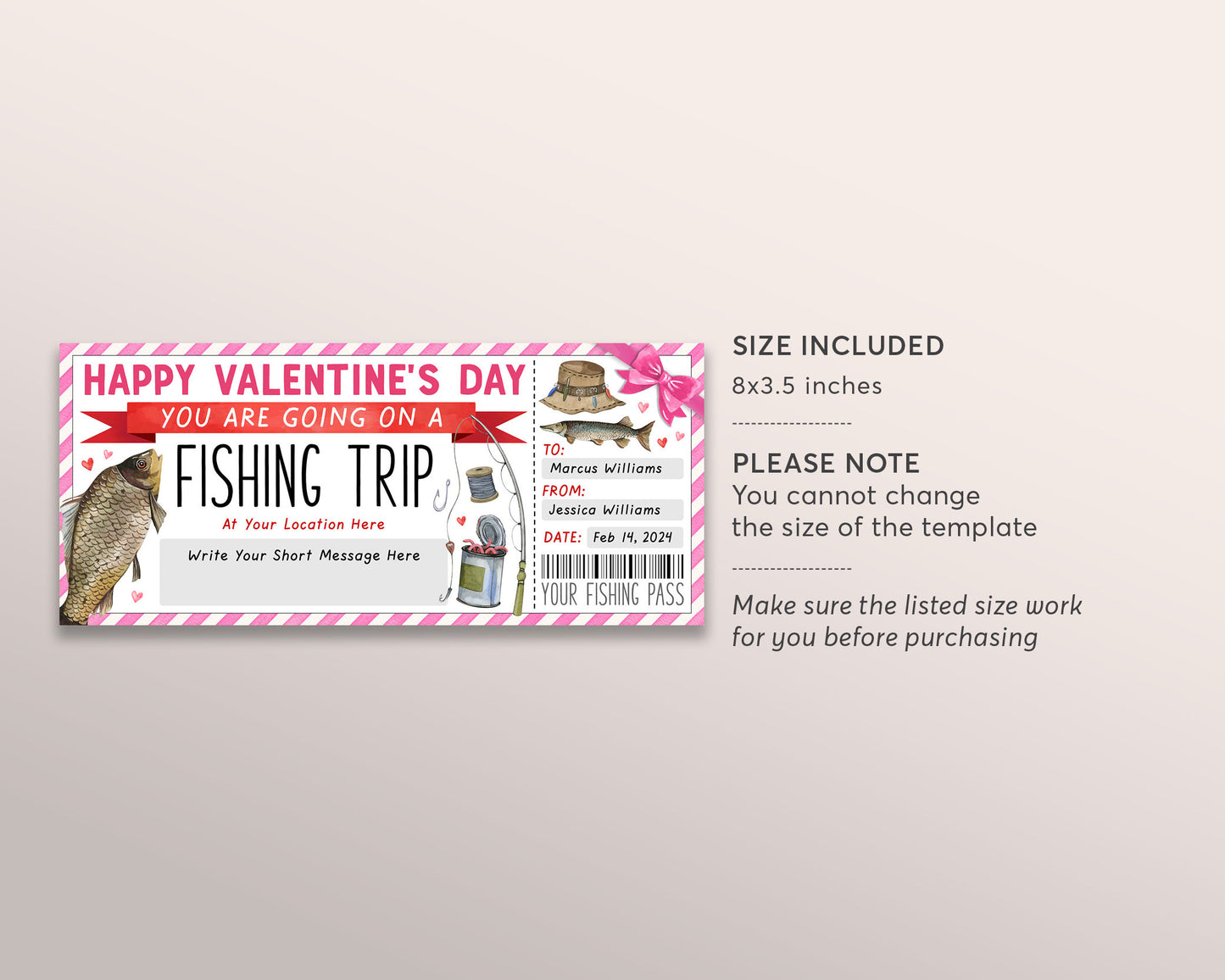 Valentines Day Fishing Trip Ticket Editable Template, Fishing Trip Reveal Gift Certificate For Boyfriend, Fishing Day Trip Voucher Coupon