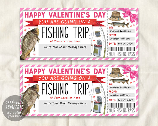 Valentines Day Fishing Trip Ticket Editable Template