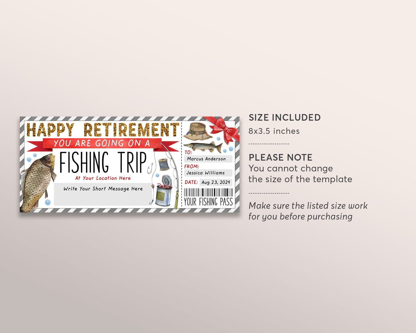 Retirement Fishing Trip Ticket Editable Template, Fishing Trip Reveal Gift Certificate For Retiree, Fishing Day Trip Voucher Coupon