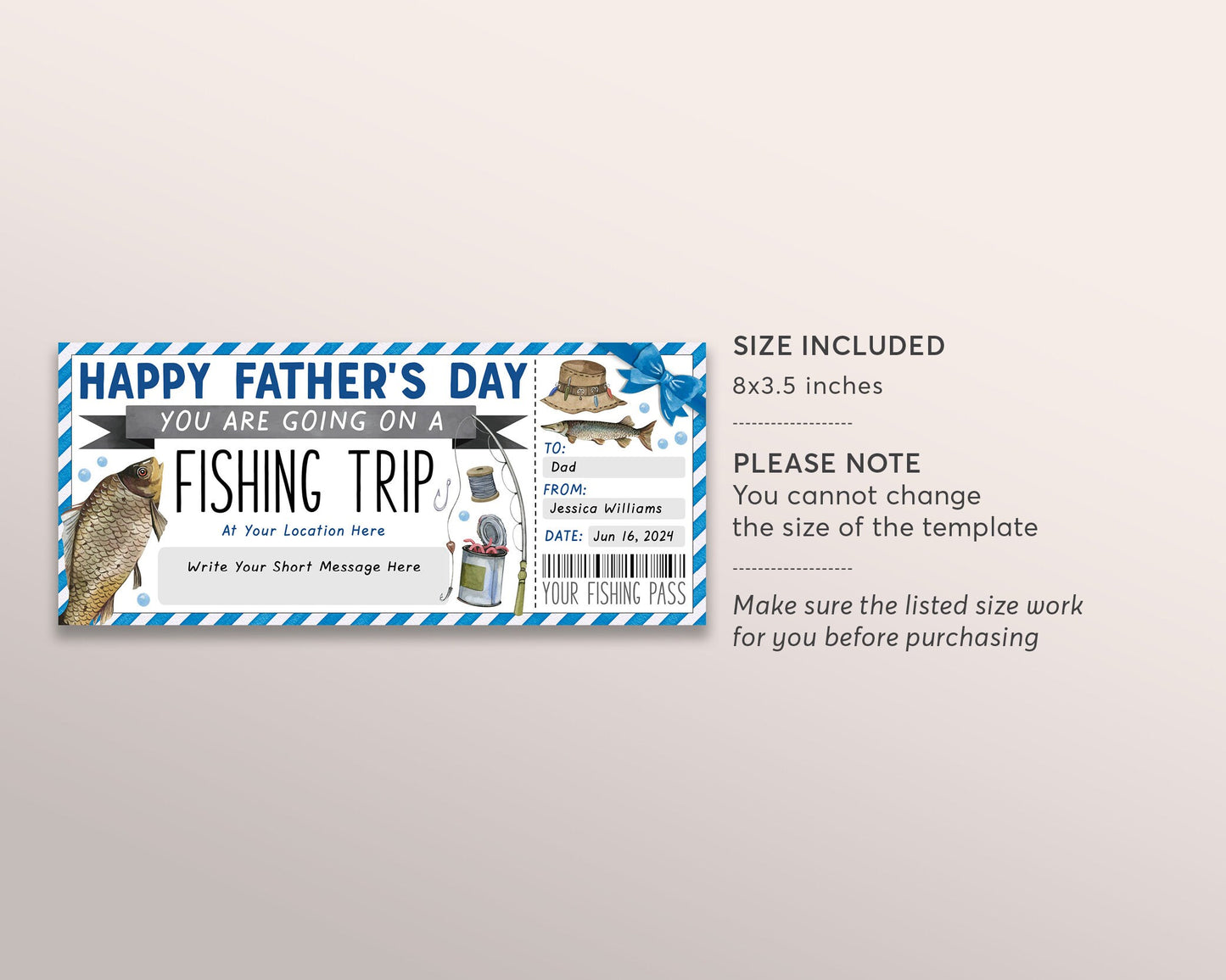 Father's Day Retirement Fishing Trip Ticket Editable Template, Fishing Trip Reveal Gift Certificate For Dad, Fishing Day Trip Voucher Coupon