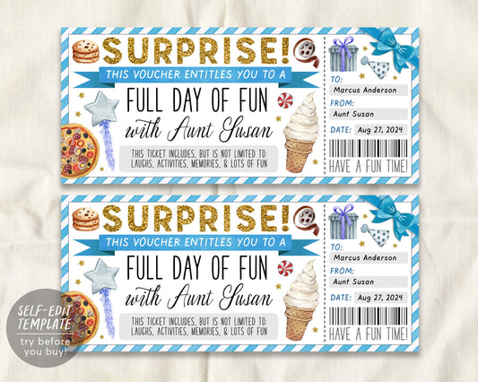 Surprise Fun Day Ticket With Aunt Editable Template