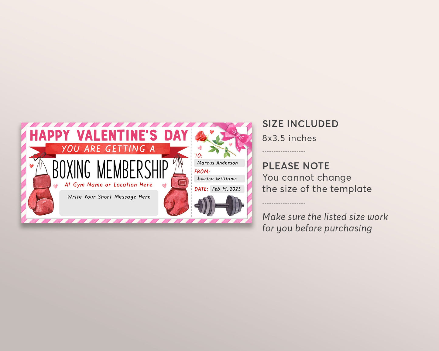 Valentines Day Boxing Membership Ticket Editable Template, Anniversary Boxing Lessons Voucher Gift Certificate, Personal Trainer Gym Pass