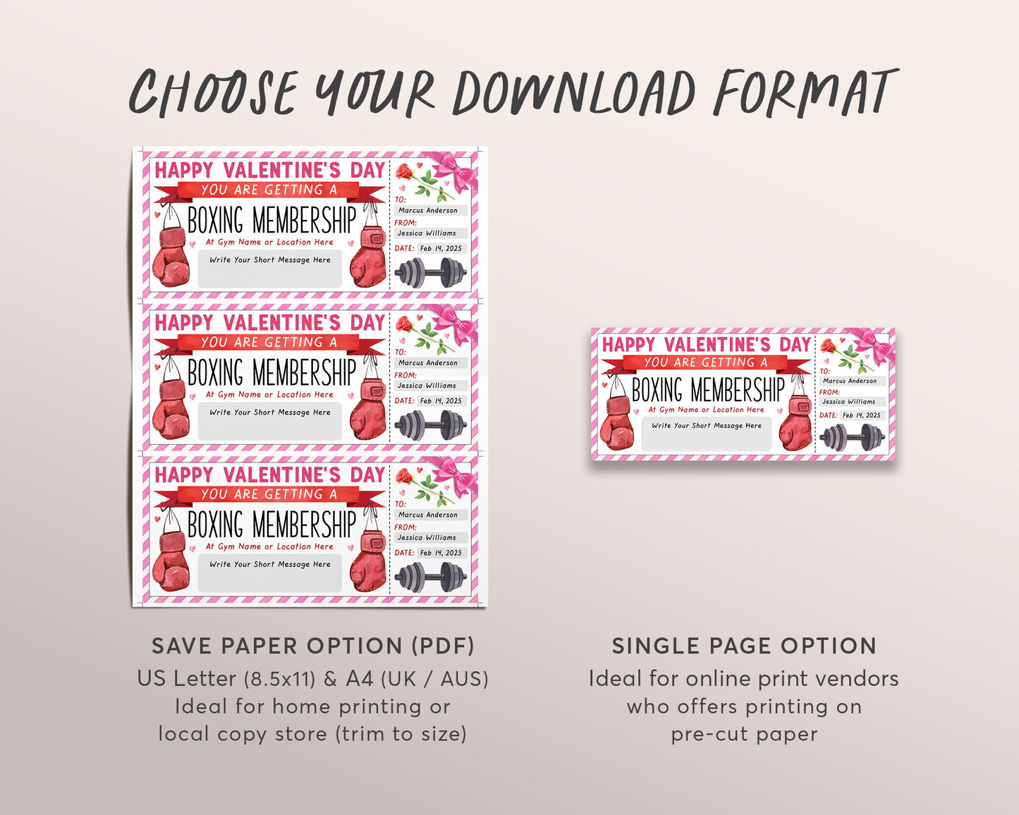 Valentines Day Boxing Membership Ticket Editable Template, Anniversary Boxing Lessons Voucher Gift Certificate, Personal Trainer Gym Pass