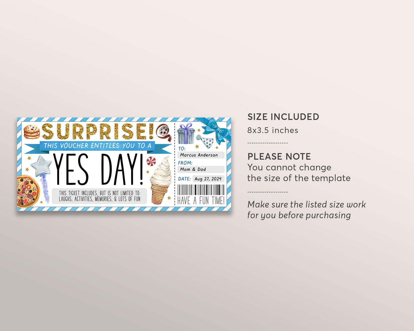 Yes Day Ticket Editable Template, Surprise Best Day Ever Gift Certificate For Kids, Fun Day Ticket Gift Card Fun Experience Voucher Coupon