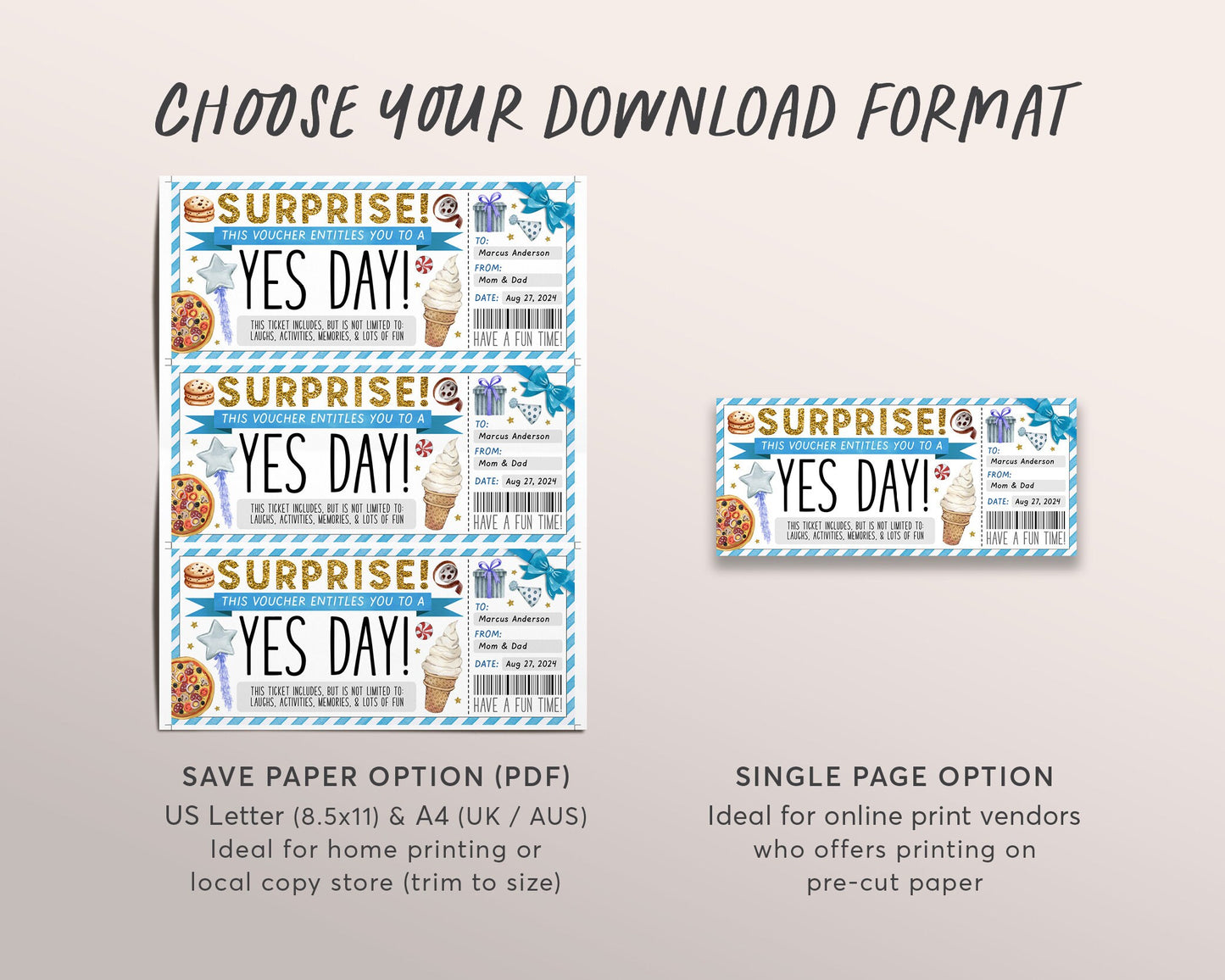 Yes Day Ticket Editable Template, Surprise Best Day Ever Gift Certificate For Kids, Fun Day Ticket Gift Card Fun Experience Voucher Coupon