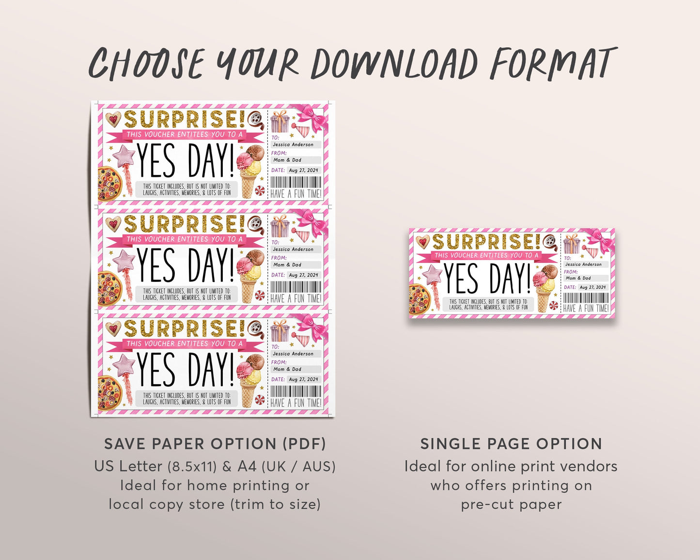 Yes Day Ticket Editable Template, Surprise Best Day Ever Gift Certificate For Kids, Fun Day Ticket Gift Card Fun Experience Voucher Coupon
