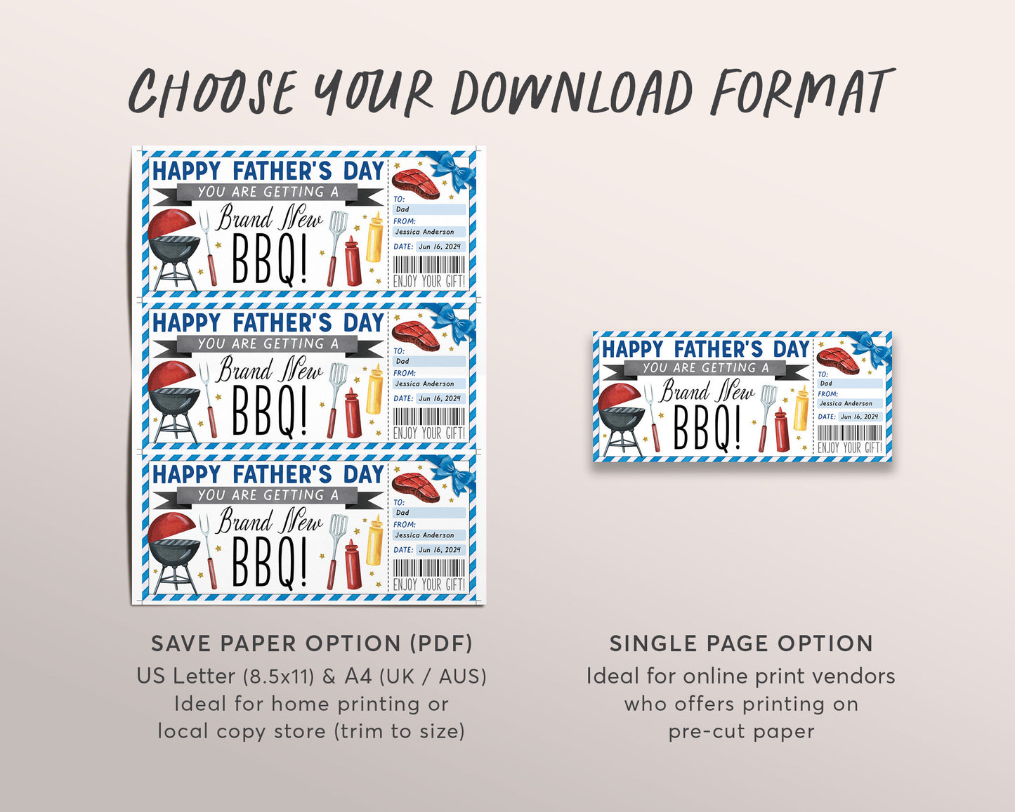 BBQ Voucher Gift Certificate Editable Template, Fathers Day Brand New BBQ Grill For Dad, Barbecue Dinner Meal Coupon Ticket Outdoor Cooking