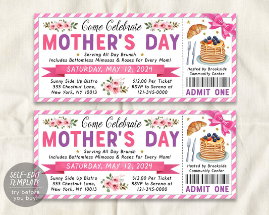 Mother&#39;s Day Brunch Ticket Invitation Editable Template