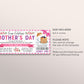 Mother's Day Brunch Ticket Invitation Editable Template, Mothers Day Floral Breakfast Luncheon Ticket, Mothers Day Celebration Invite Mom