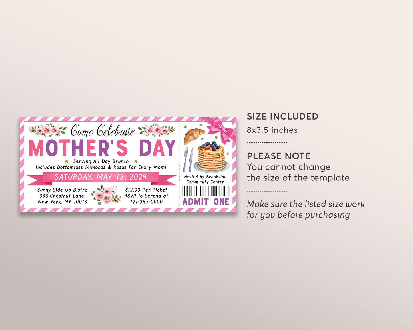 Mother's Day Brunch Ticket Invitation Editable Template, Mothers Day Floral Breakfast Luncheon Ticket, Mothers Day Celebration Invite Mom