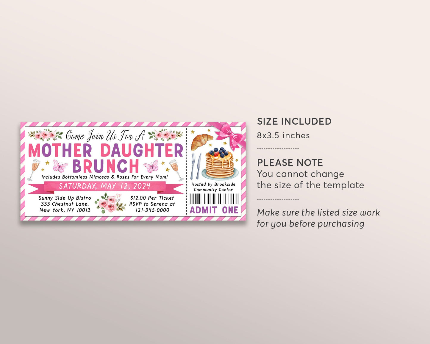 Mother Daughter Brunch Ticket Invitation Editable Template, Mothers Day Floral Breakfast Luncheon Ticket, Mommy and Me Celebration Invite