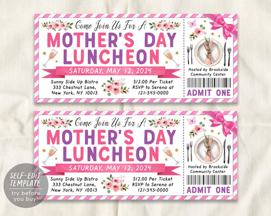 Mother&#39;s Day Luncheon Ticket Invitation Editable Template