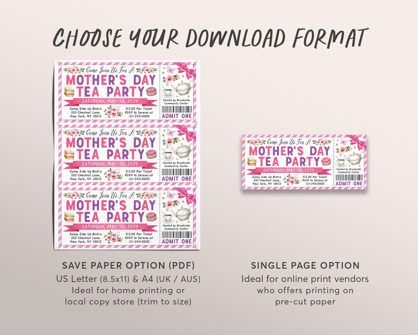 Mother's Day Tea Party Ticket Invitation Editable Template, Mothers Day Floral Afternoon Tea Lunch Invite, Mother Daughter Celebration