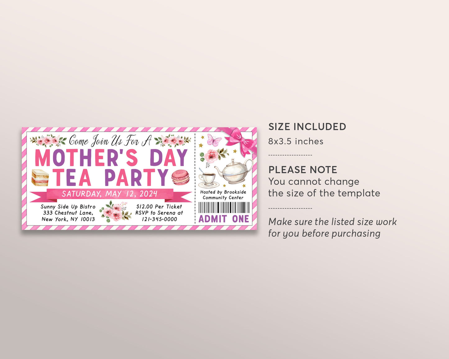 Mother's Day Tea Party Ticket Invitation Editable Template, Mothers Day Floral Afternoon Tea Lunch Invite, Mother Daughter Celebration