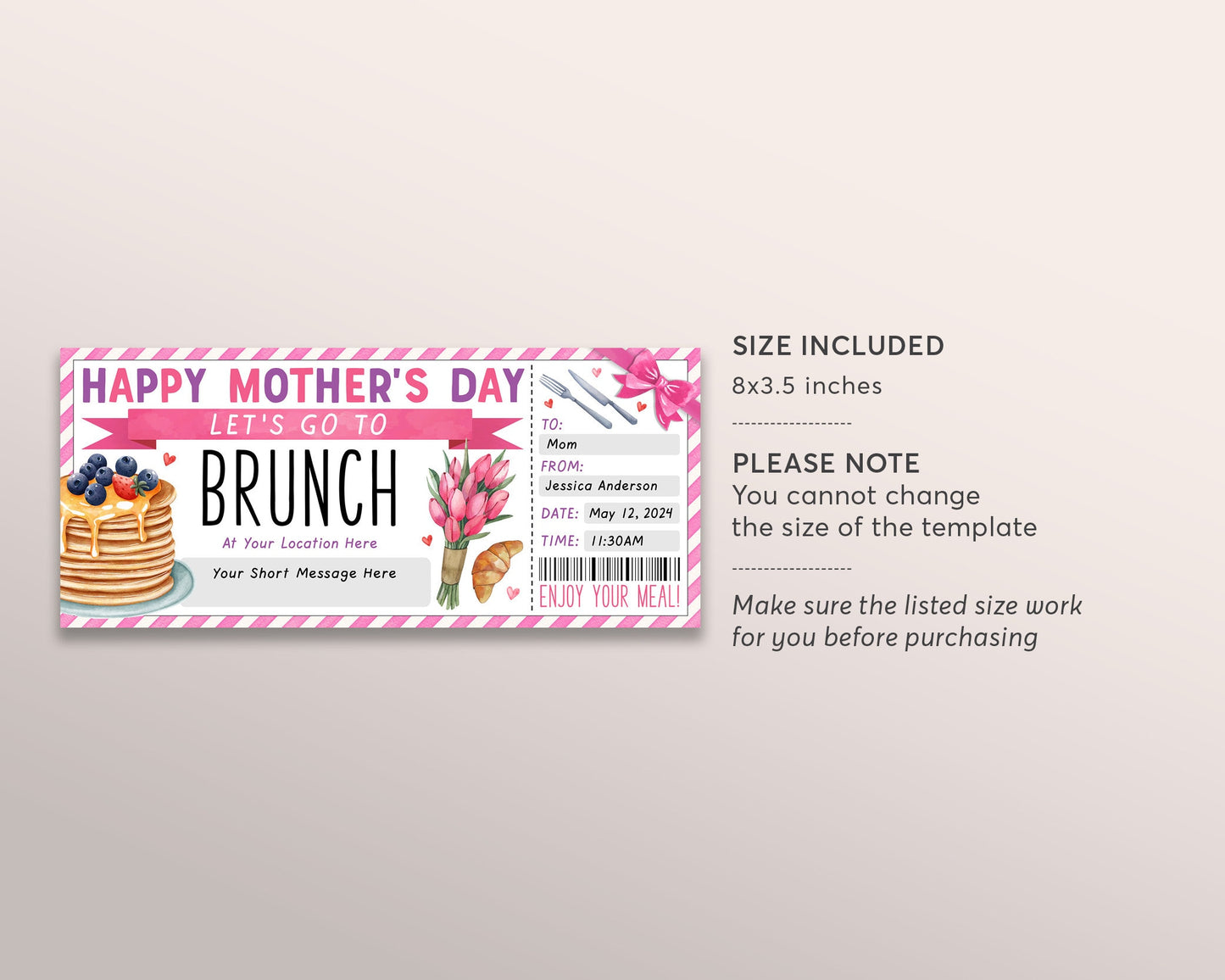Mothers Day Brunch Coupon Ticket Editable Template, Mothers Day Lunch Luncheon Gift Certificate For Mom, Breakfast Gift Voucher Printable