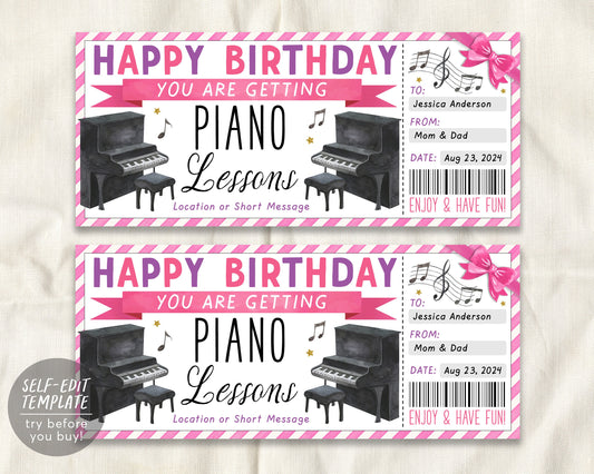 Birthday Piano Lessons Gift Certificate Editable Template