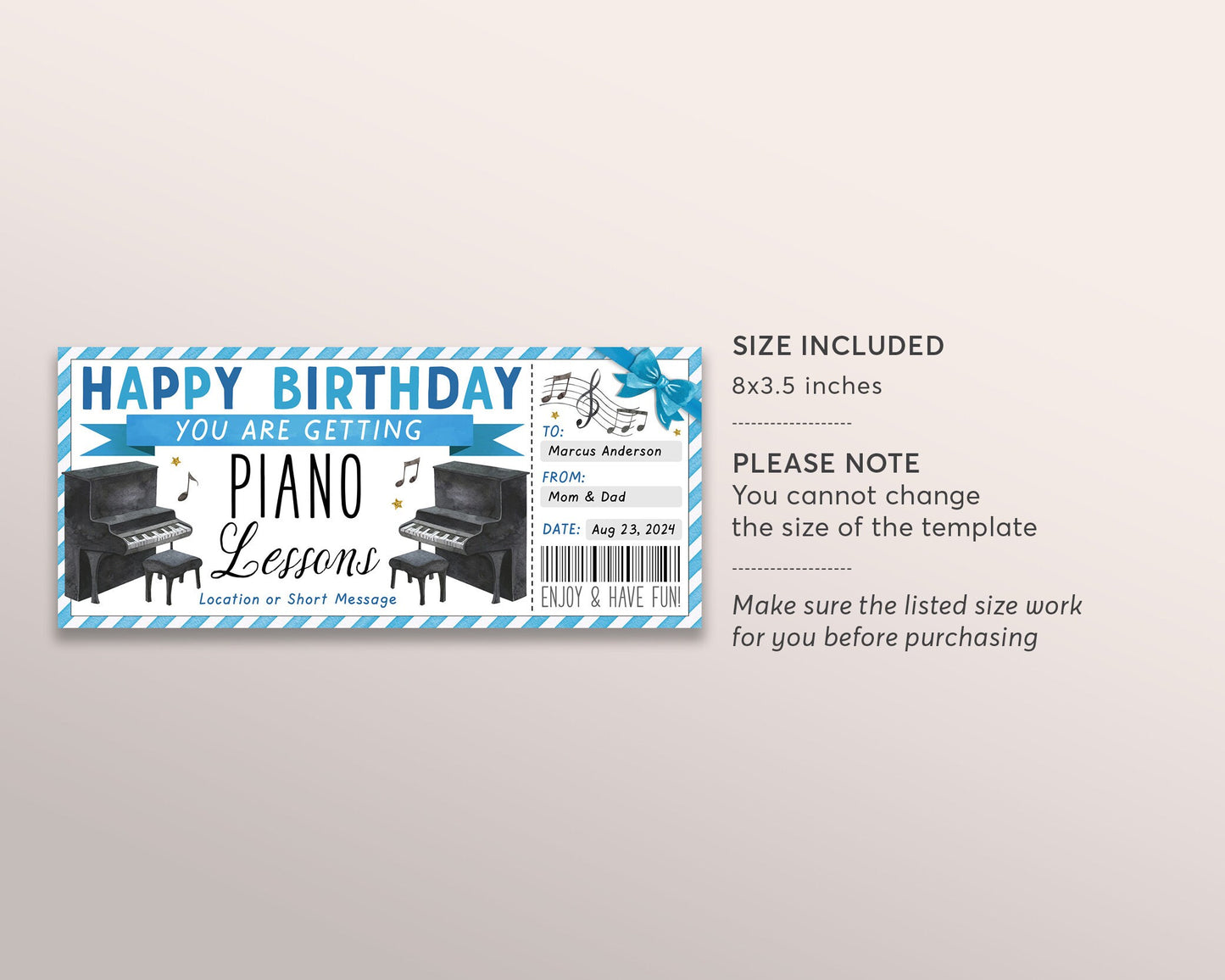 Piano Lessons Gift Certificate Editable Template, Birthday Surprise Keyboard Music Piano Class Gift Voucher Gift Reveal Coupon For Him