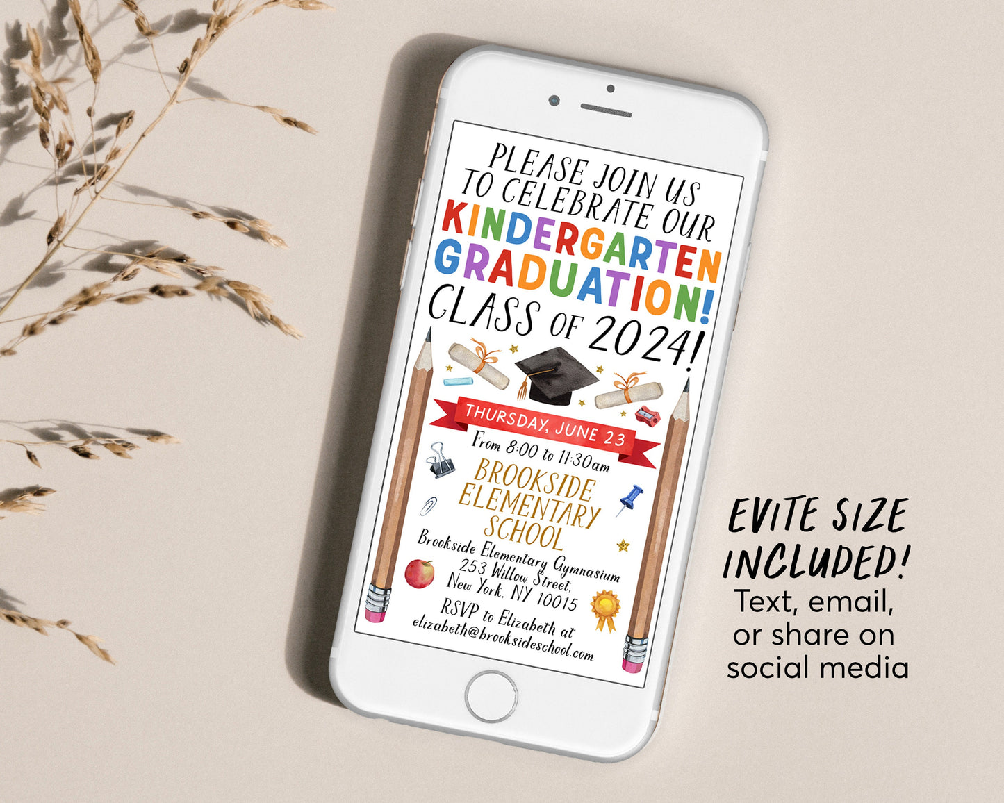 Kindergarten Graduation Invitation Editable Template, Class Graduation Announcement, Watercolor Graduation Ceremony Invite Digital Evite