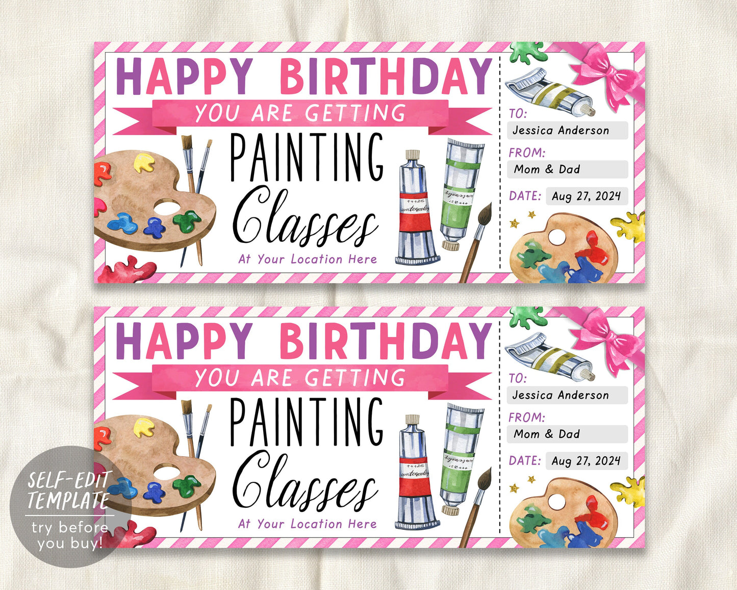Birthday Painting Class Gift Certificate Ticket Editable Template