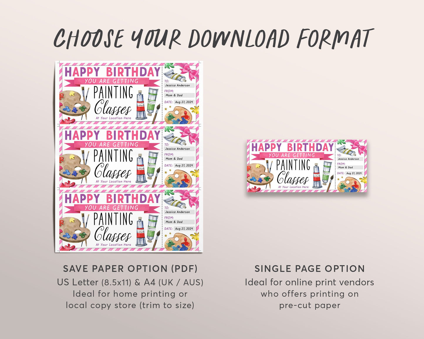 Painting Class Gift Certificate Ticket Editable Template, Birthday Painting Experience Art Lessons Classes For Her, Oil Painting Voucher