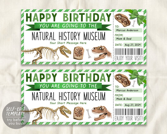 Birthday Natural History Museum Ticket Editable Template