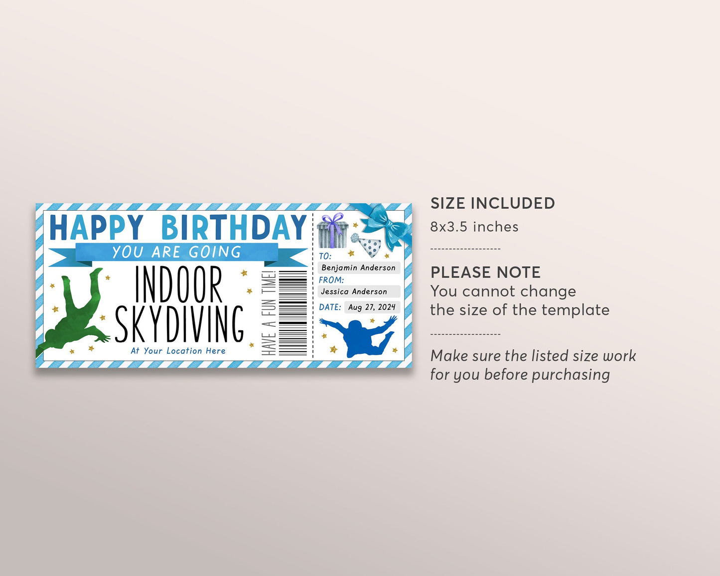 Indoor Skydiving Gift Certificate Ticket Editable Template, Birthday Surprise Sky Dive Experience Gift Voucher Coupon For Adults Teens Kids