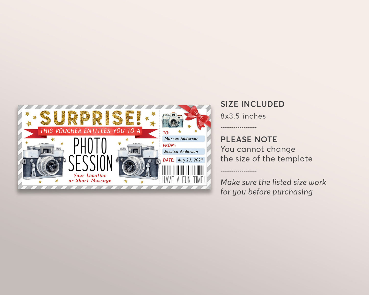 Surprise Photography Session Gift Voucher Ticket Editable Template, Photo Session Experience Gift Certificate, Family Photo Shoot Studio