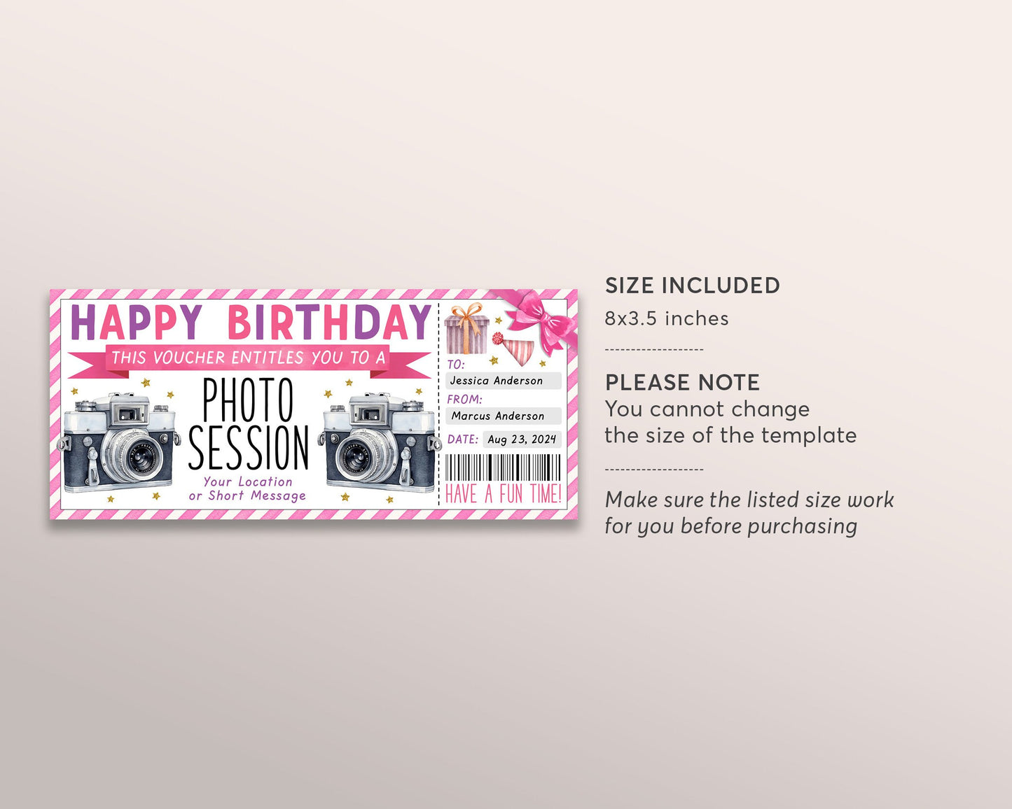 Photography Session Gift Voucher Ticket Editable Template, Birthday Photo Session Experience Gift Certificate, Family Photo Shoot Studio