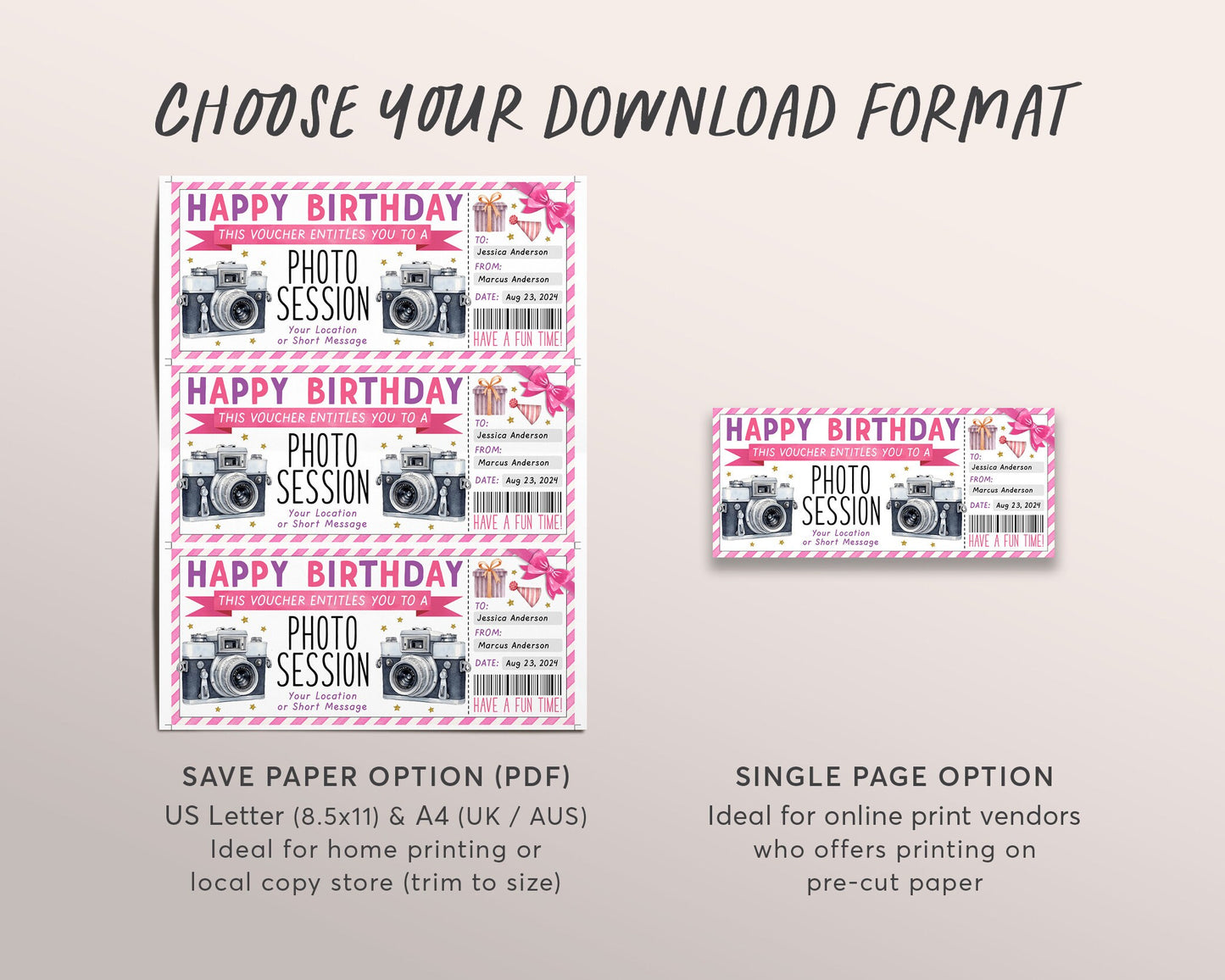 Photography Session Gift Voucher Ticket Editable Template, Birthday Photo Session Experience Gift Certificate, Family Photo Shoot Studio