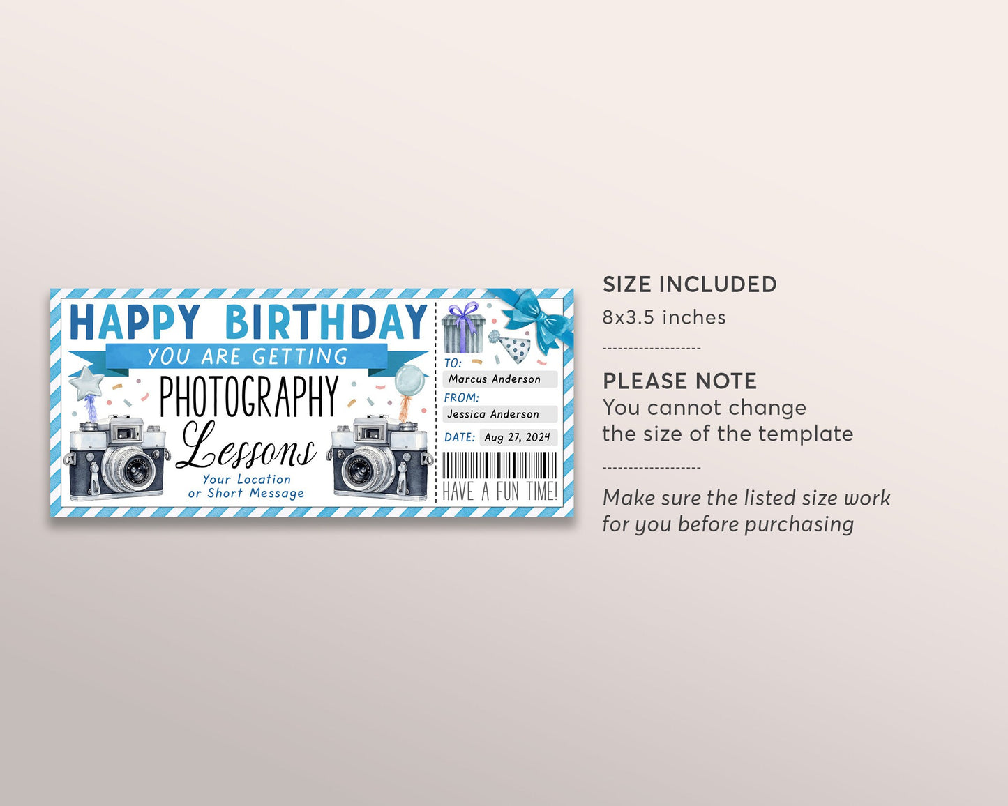 Photography Lessons Gift Voucher Ticket Editable Template, Birthday Photography Classes Gift Certificate For Her, Surprise Camera Coupon