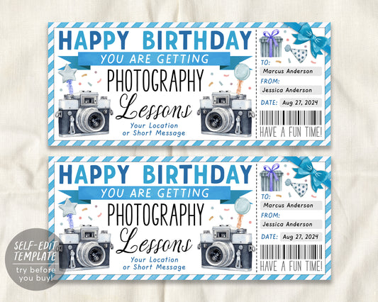 Birthday Photography Lessons Gift Voucher Ticket Editable Template