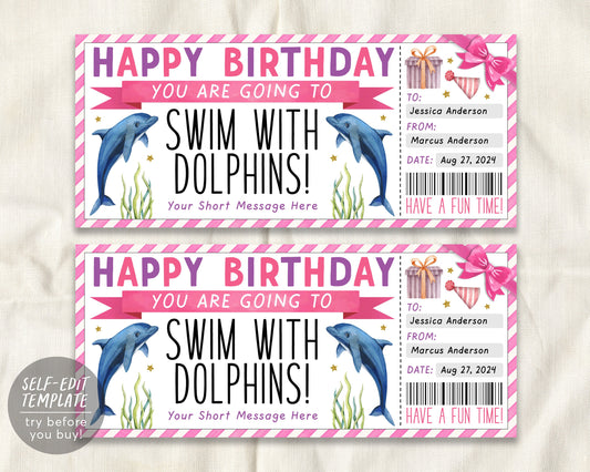 Birthday Pink Swim With Dolphins Ticket Editable Template