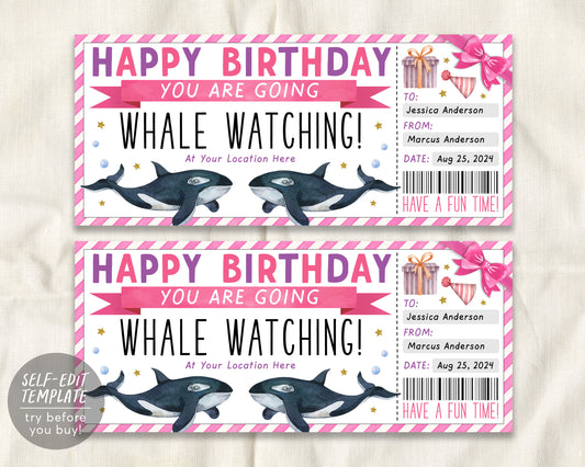 Birthday Whale Watching Trip Ticket Editable Template