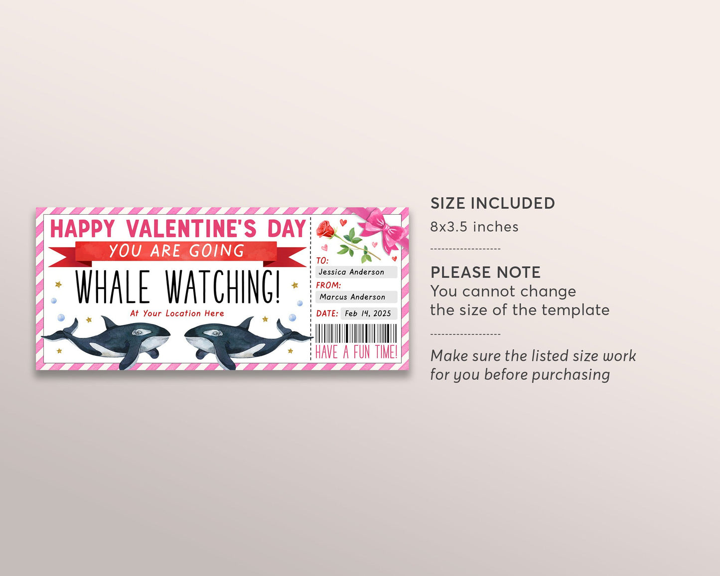 Valentines Day Whale Watching Trip Ticket Editable Template, Anniversary Whale Watching Boat Cruise Trip Voucher Gift Certificate Coupon