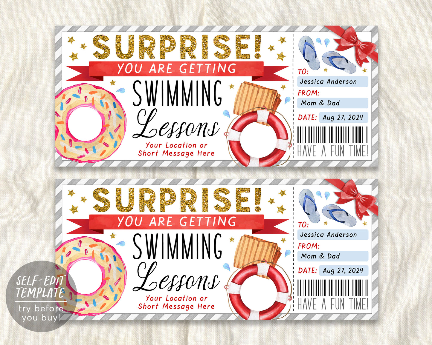 Swim Lessons Gift Certificate Ticket Editable Template