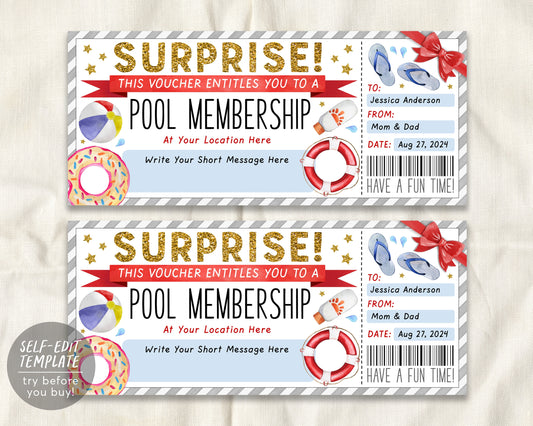 Pool Membership Gift Certificate Ticket Editable Template