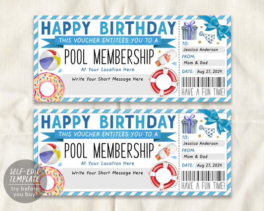 Birthday Pool Membership Gift Certificate Ticket Editable Template