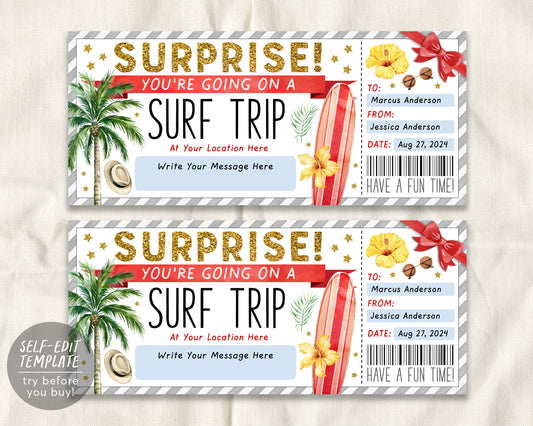 Surf Trip Ticket Gift Voucher Editable Template