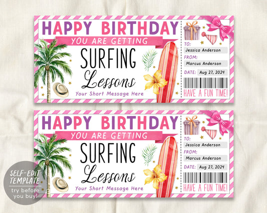 Birthday Surfing Lessons Gift Voucher Certificate Editable Template