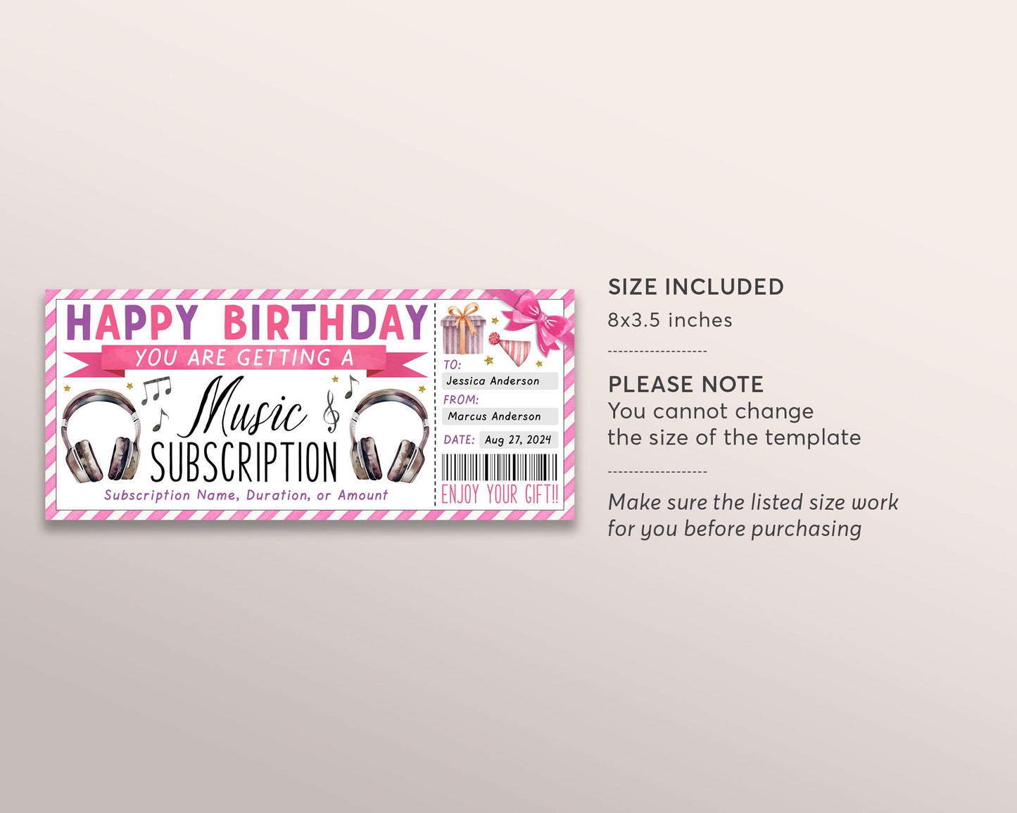 Music Subscription Gift Card Editable Template, Birthday Surprise Music Streaming Gift Certificate Voucher For Her, Coupon For Music Lovers