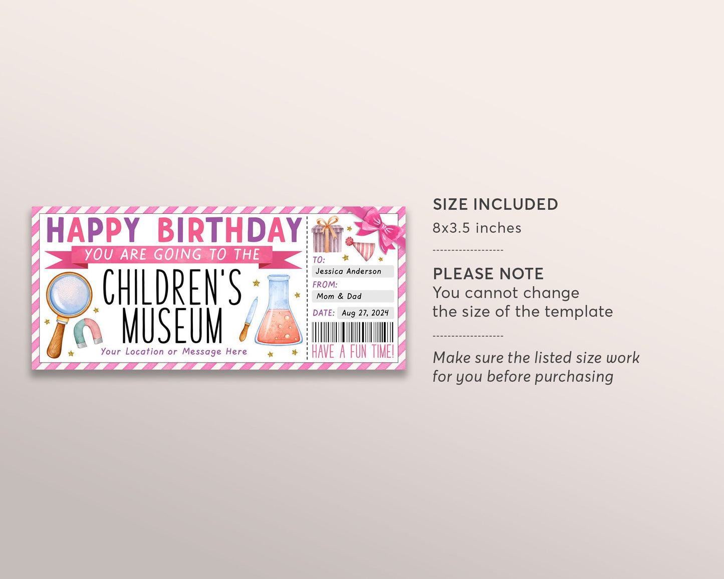 Children's Museum Ticket Editable Template, Birthday Museum Membership Gift Voucher For Kids Science Museum Day Trip Gift Certificate Coupon