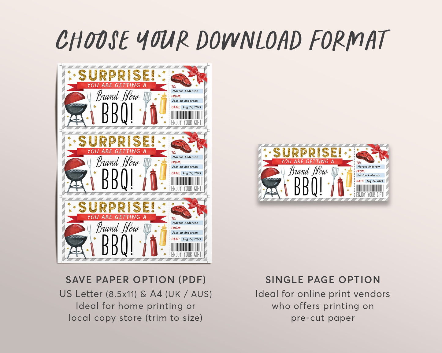 BBQ Voucher Gift Certificate Editable Template, Surprise Brand New BBQ Grill For Husband, Barbecue Dinner Meal Coupon Ticket Outdoor Cooking