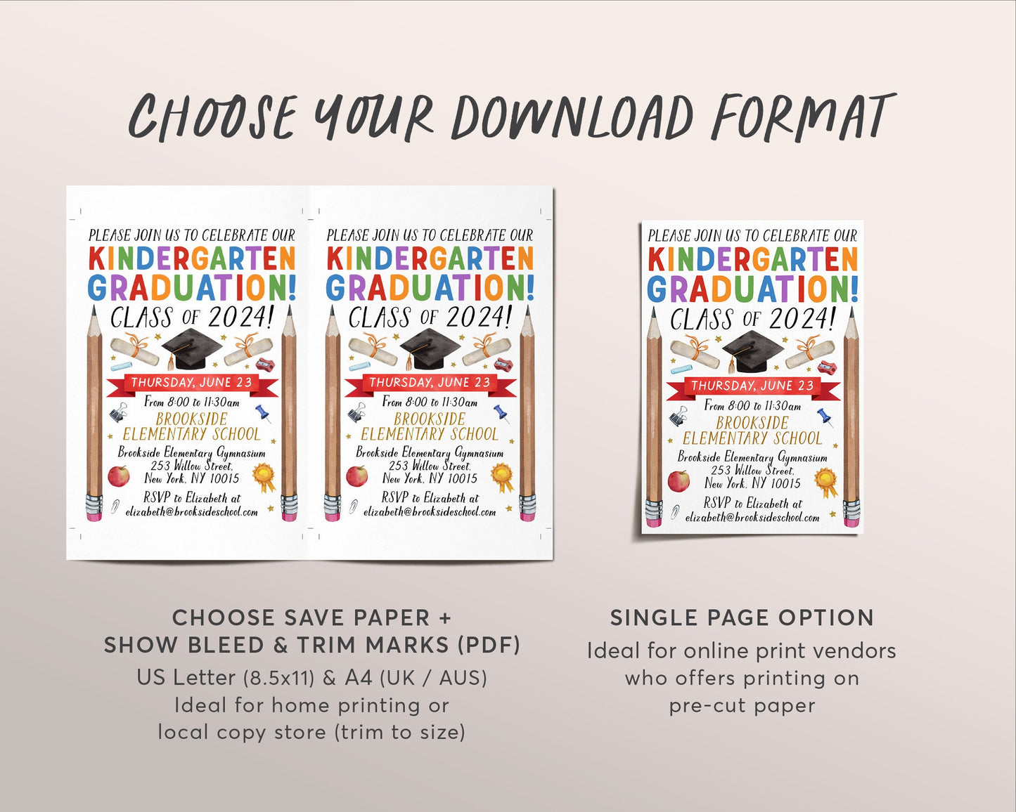 Kindergarten Graduation Invitation Editable Template, Class Graduation Announcement, Watercolor Graduation Ceremony Invite Digital Evite