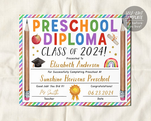 Preschool Graduation Diploma Editable Template