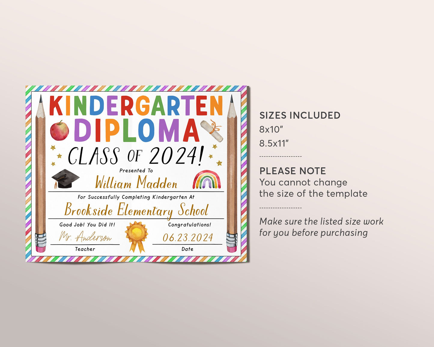 Kindergarten Graduation Diploma Editable Template, Kindergarten Certificate of Completion Printable, Preschool PreK Ceremony Announcement